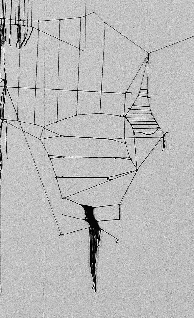 Constellation (système n°1),wall drawing with black wool thread, paper, nails, 3x5m, Lyon, 2010